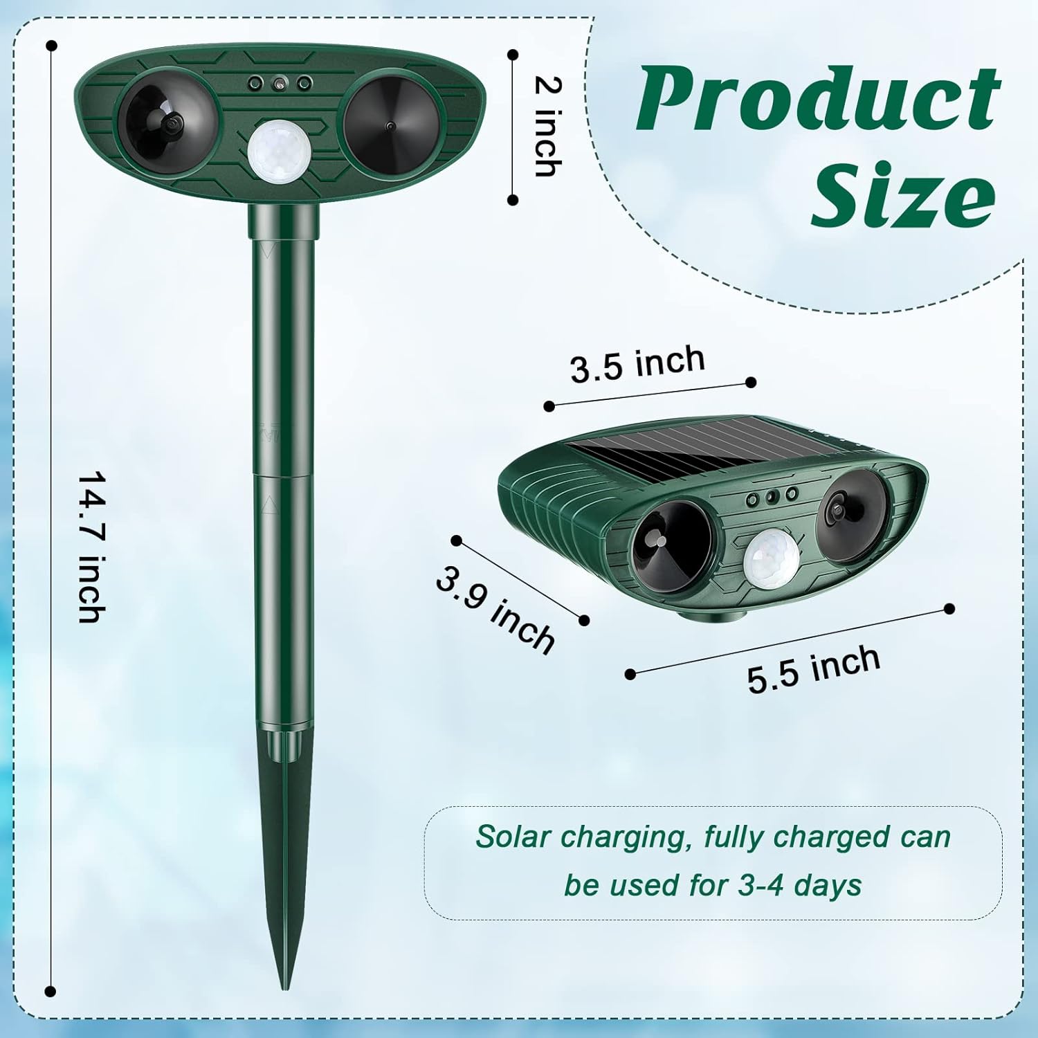 Diagram showing the dimensions of the Kittmip Solar Ultrasonic Animal Repellent, including total height and head dimensions.