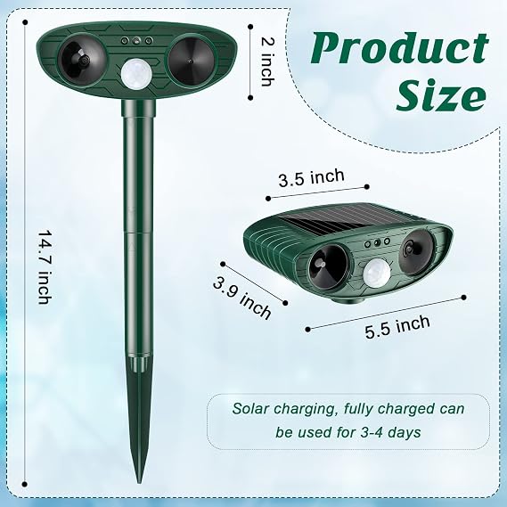 2 Pcs Ultrasonic Animal Repellent Outdoor Solar Powered, Green
