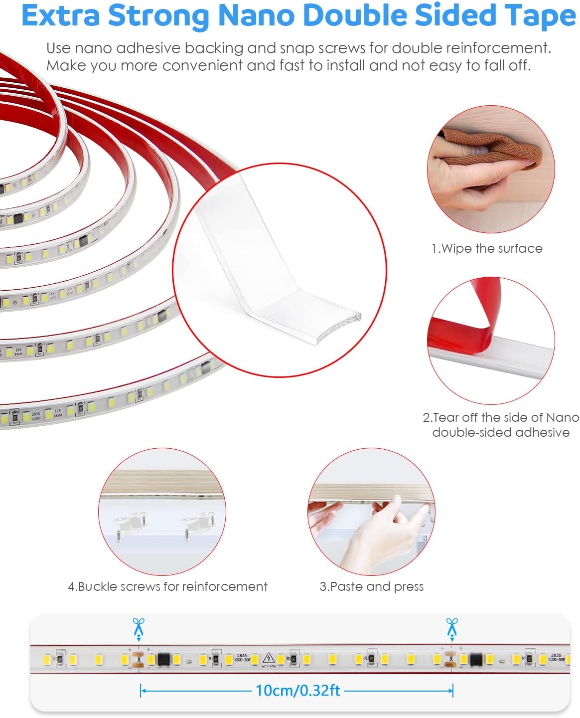 Aclorol 120V LED Strip Lghts 20FT Cold White 6000K Super Bright Rope Lights for Outside IP67 Waterproof LED Light Strip with Slef-Adhesive for Kitchen Cabinets Living Room Deck Yard Garage 720LEDs