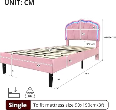 BTM Upholstered Single Bed, Single Bed Frame with Adjustable Shell Shape Headboard, LED Light and Solid Wood Slats, 3ft-90x190cm Velvet Pink Bed, No Mattress