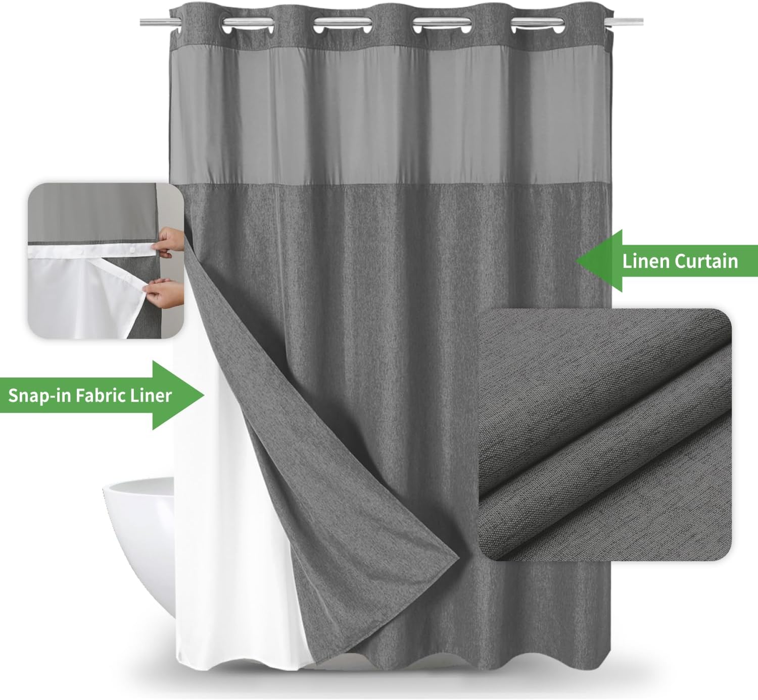 No Hooks Needed Linen Textured Shower Curtain with Snap-in Fabric Liner Set,Hotel Luxury Decor Waterproof Shower Curtains for Bathroom with Mesh Top Window,Washable,71Wx74H,Charcoal Grey