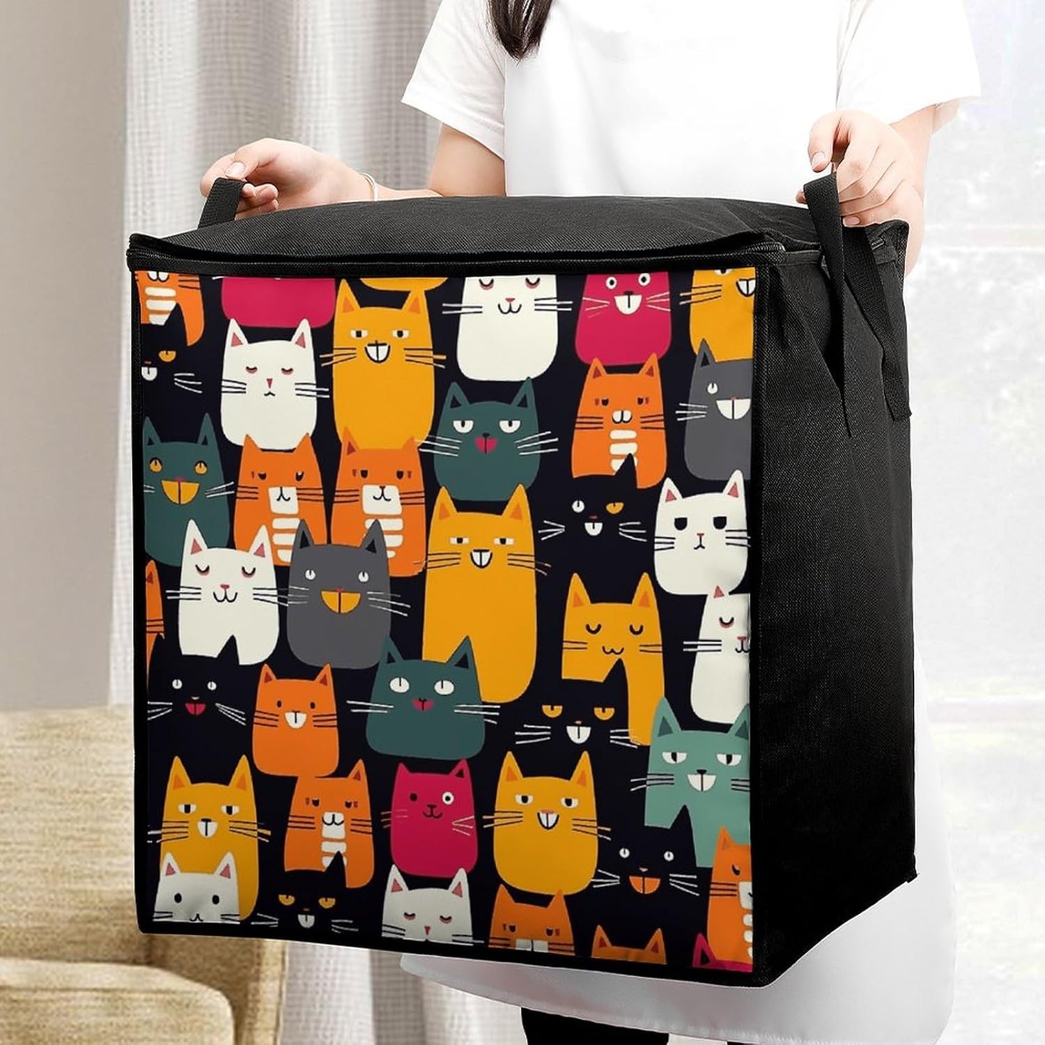 Animal Cat Storage Bag with Zippers And Handle Extra Large Bedding Comforter Storage Bag Foldable Blanket Storage Bags Fabric Moving Bags for Closet Organizer (70L)