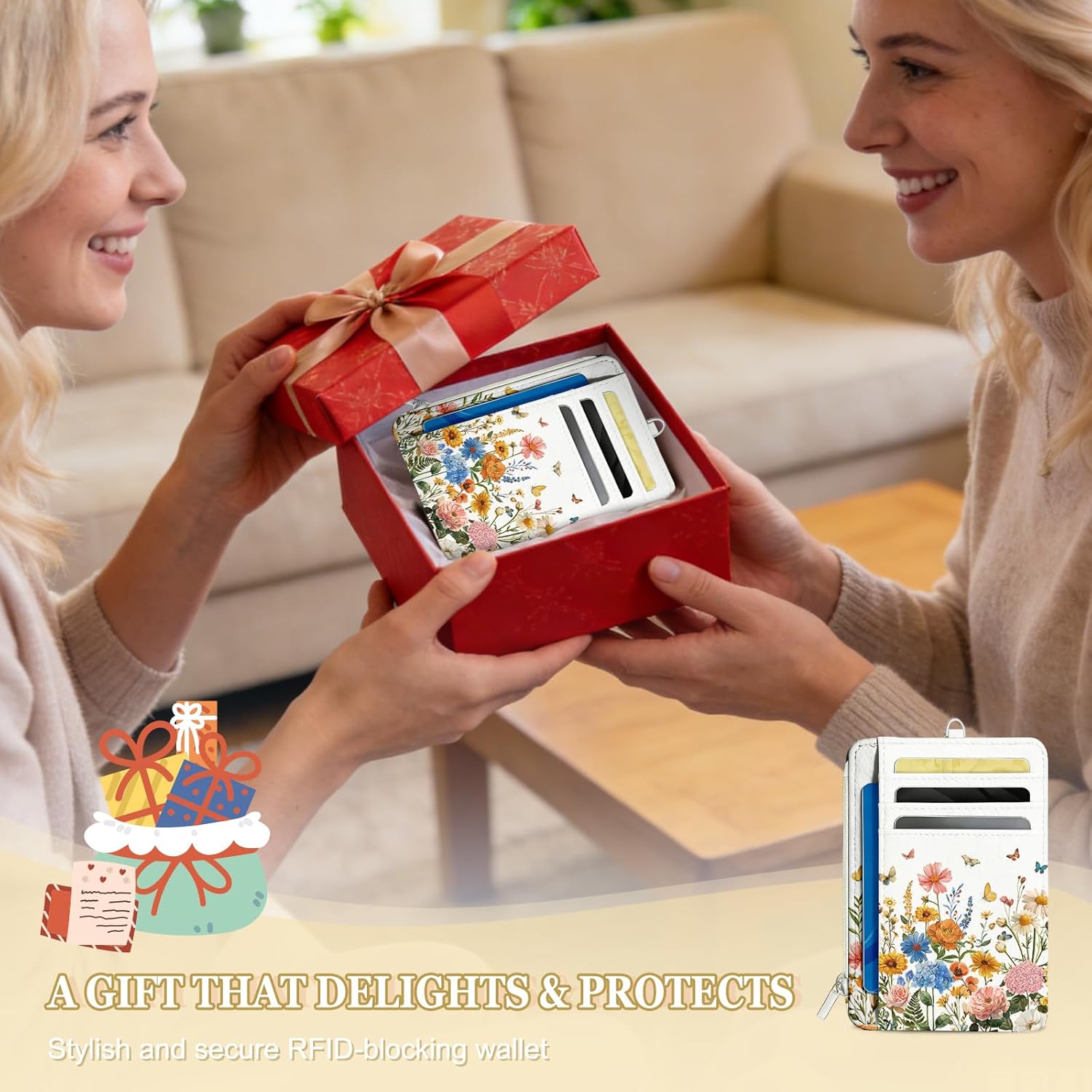 Floral Slim Wallet for Women - RFID Blocking Credit Card Holder, PU Leather Wallet with ID Window & Zipper Coin Pocket, Thin Travel Front Pocket Card Case Ladies Gifts - Image 8