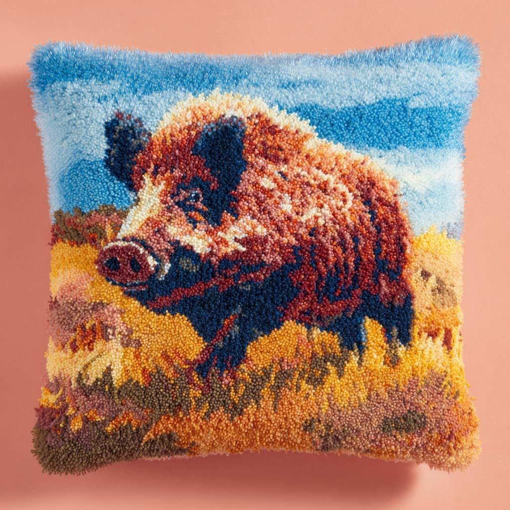 WallustrioaW DIY Latch Hook Kits Pillow Cover,Wild Boar
