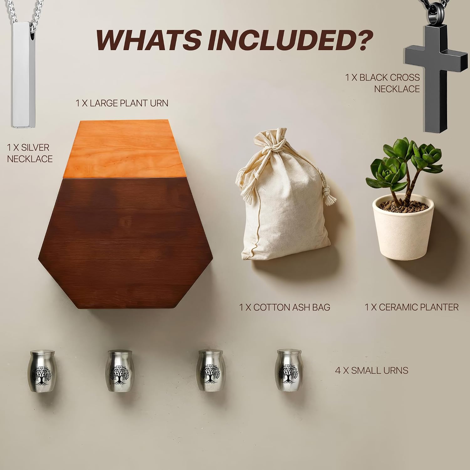 Americurn Plant Cremation Urns for Human Ashes Adult Male & Female Includes 1 Large Urn, 4 Keepsake & 1 Silver & 1 Black Cross Necklace- Wooden Urns for Human Ashes