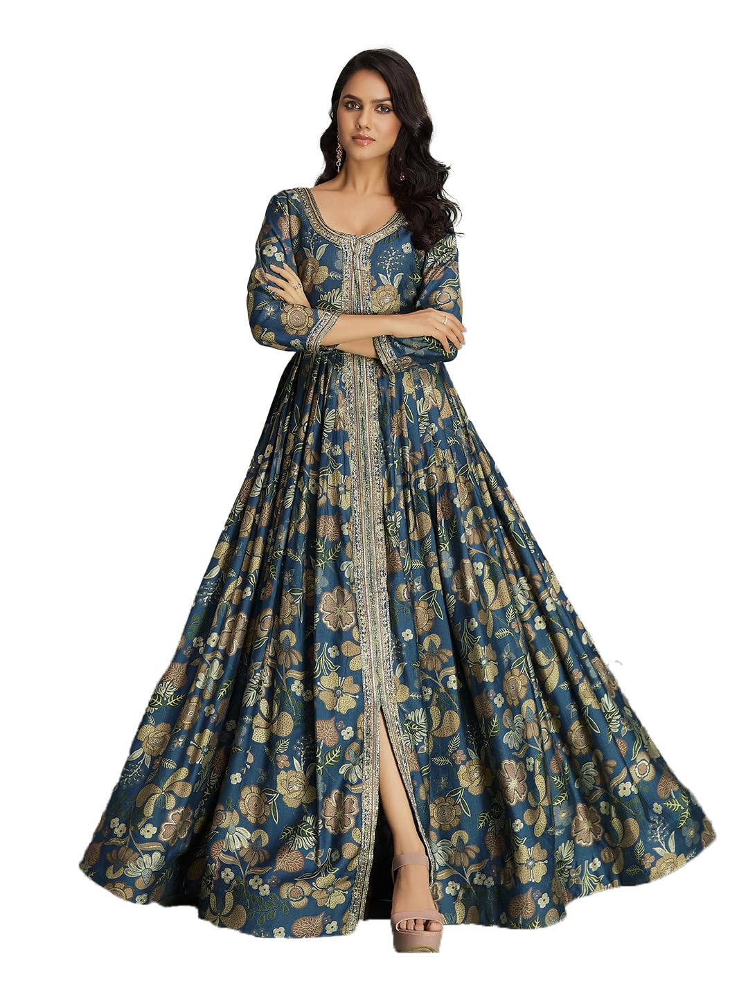 madhuram textiles Women's vetican Print with Hand Embroidery Work Anarkali Front Slit Open Long Gown(M-2545) - Review, Price and Buying Guide