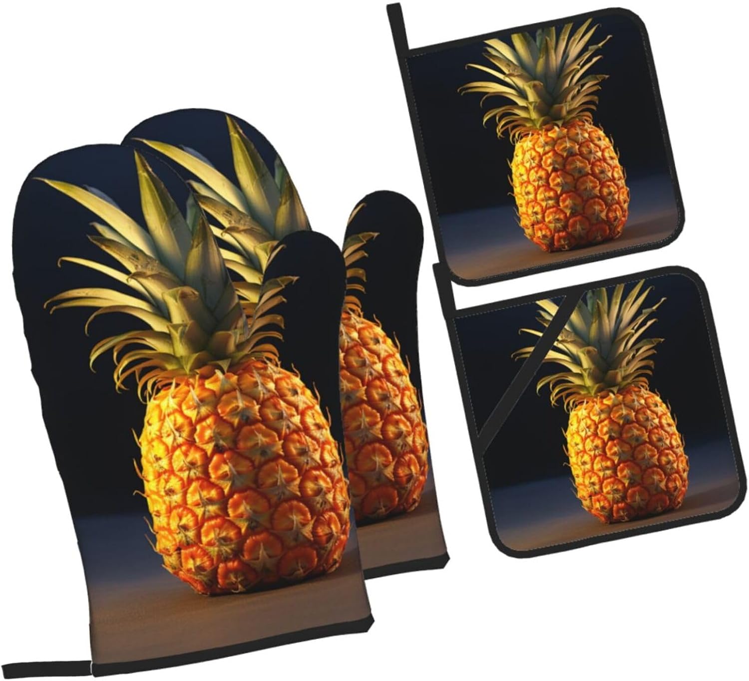 4 pcs Oven Mitts and Pot Holders Set Pineapple Fruit Kitchen Oven Glove Non-Slip Heat Resistant 500 Degree Long Oven Mitts and Potholder for Cooking Baking Grilling BBQ