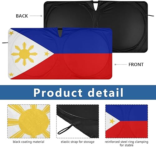 Miniatura 6 de Parasol de coche con bandera de Filipinas para parabrisas de ventana delantera, bloqueador de sol con bolsa de almacenamiento, anillo de acero,