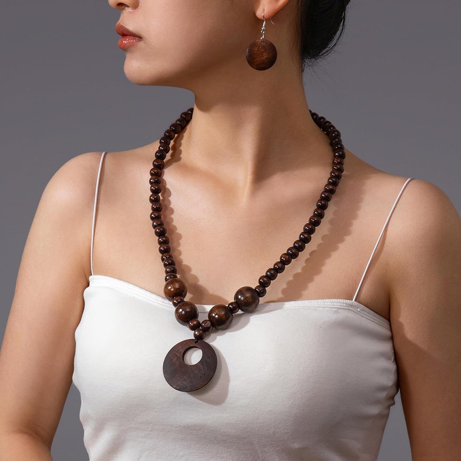 Vintage Chunky Colorful Wood Beads Choker Circle Pendant Necklace Earrings Set Bohemian Wooden Chain Ethnic Bib Boho Statement Hip Hop Cool Collar Jewelry for Women - Image 2