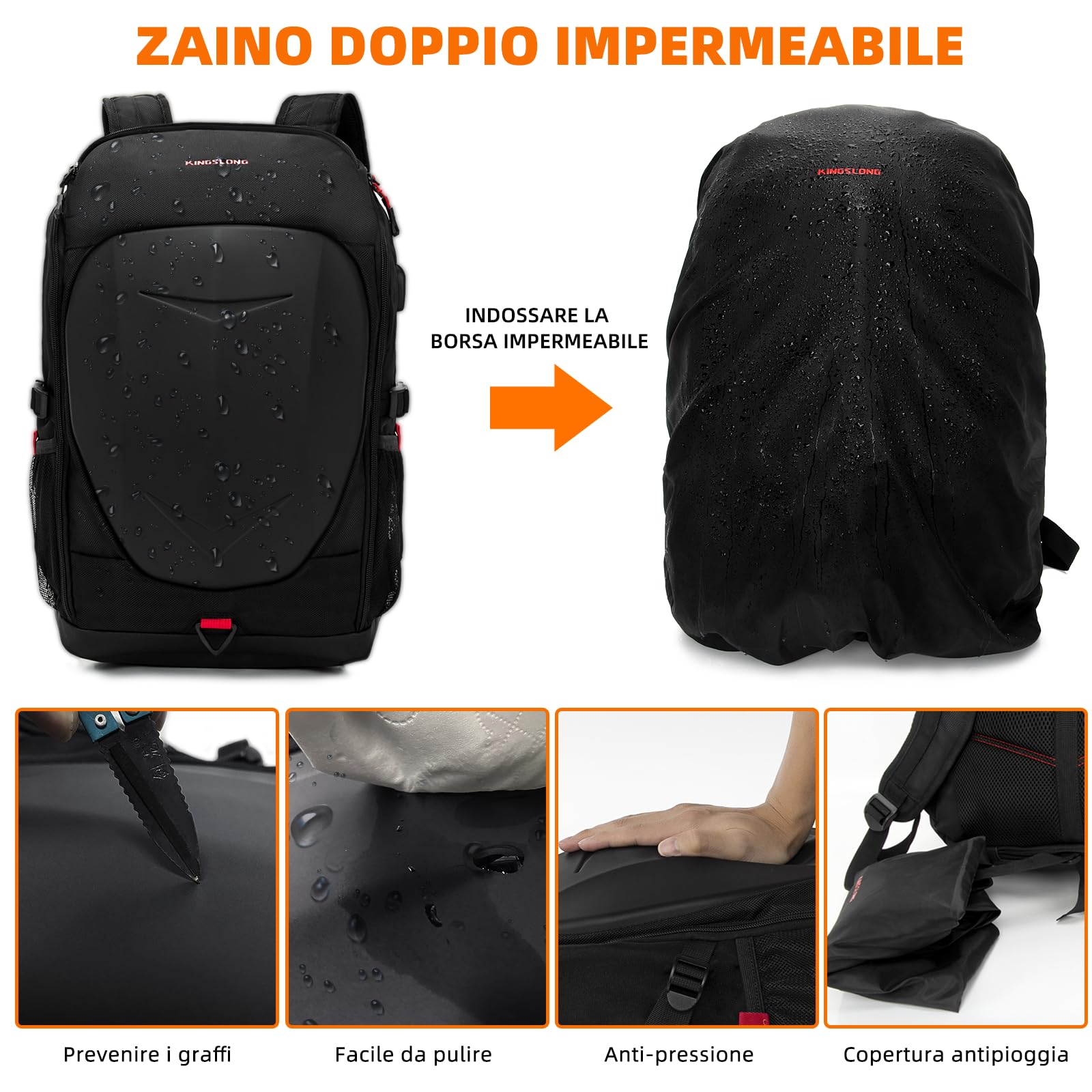 KINGSLONG Zaino da Moto da Gioco con Guscio Rigido, Zaino per Laptop da 15-17,3 Pollici con Porta di Ricarica USB, Antifurto Impermeabile Viaggiare Uomini Affare Università Scuole All'aperto