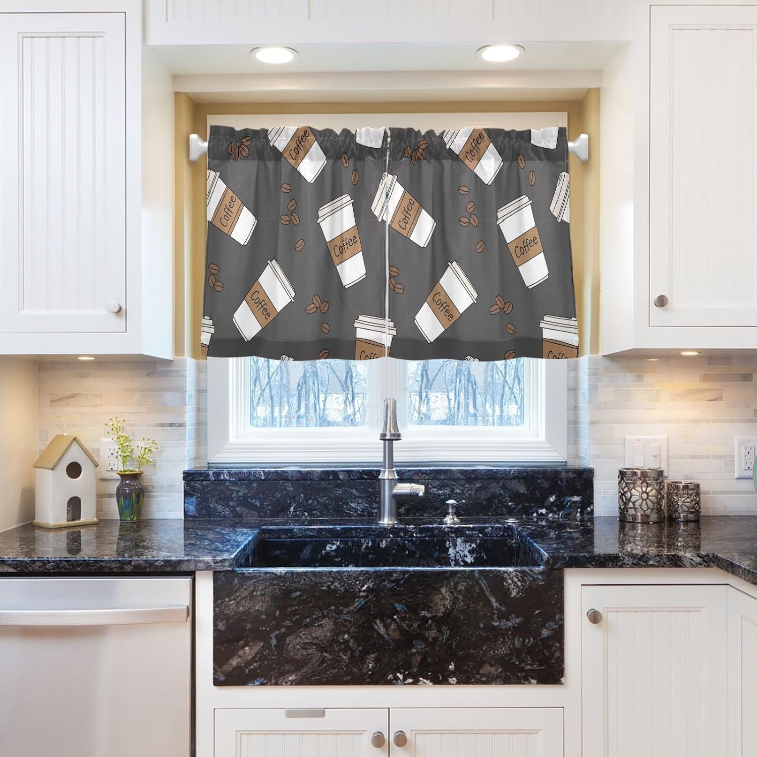 DOMIKING Coffee Cups Gray Pattern Kitchen Curtains 36 inch Length Rod Pocket Valance Window Treatments Short Curtains for Bathroom Living Room Farmhouse Decor, 2 Panels (27 W x 36 L)