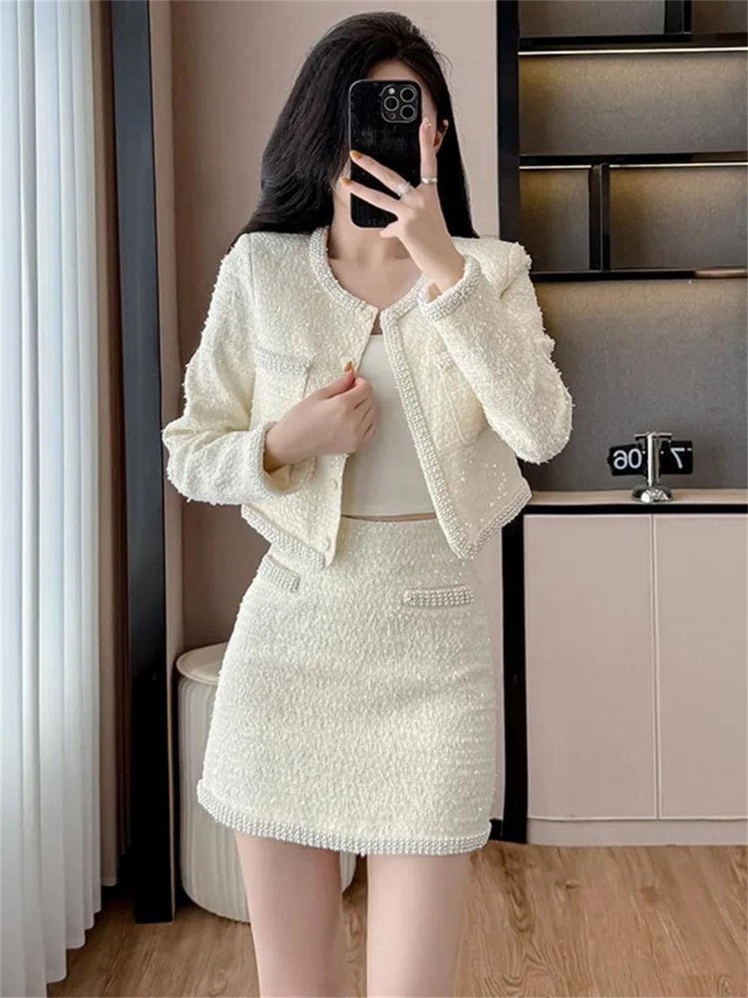 Women Tweed Two Piece Set Beaded Jacket Short Skirt Casual Outfit