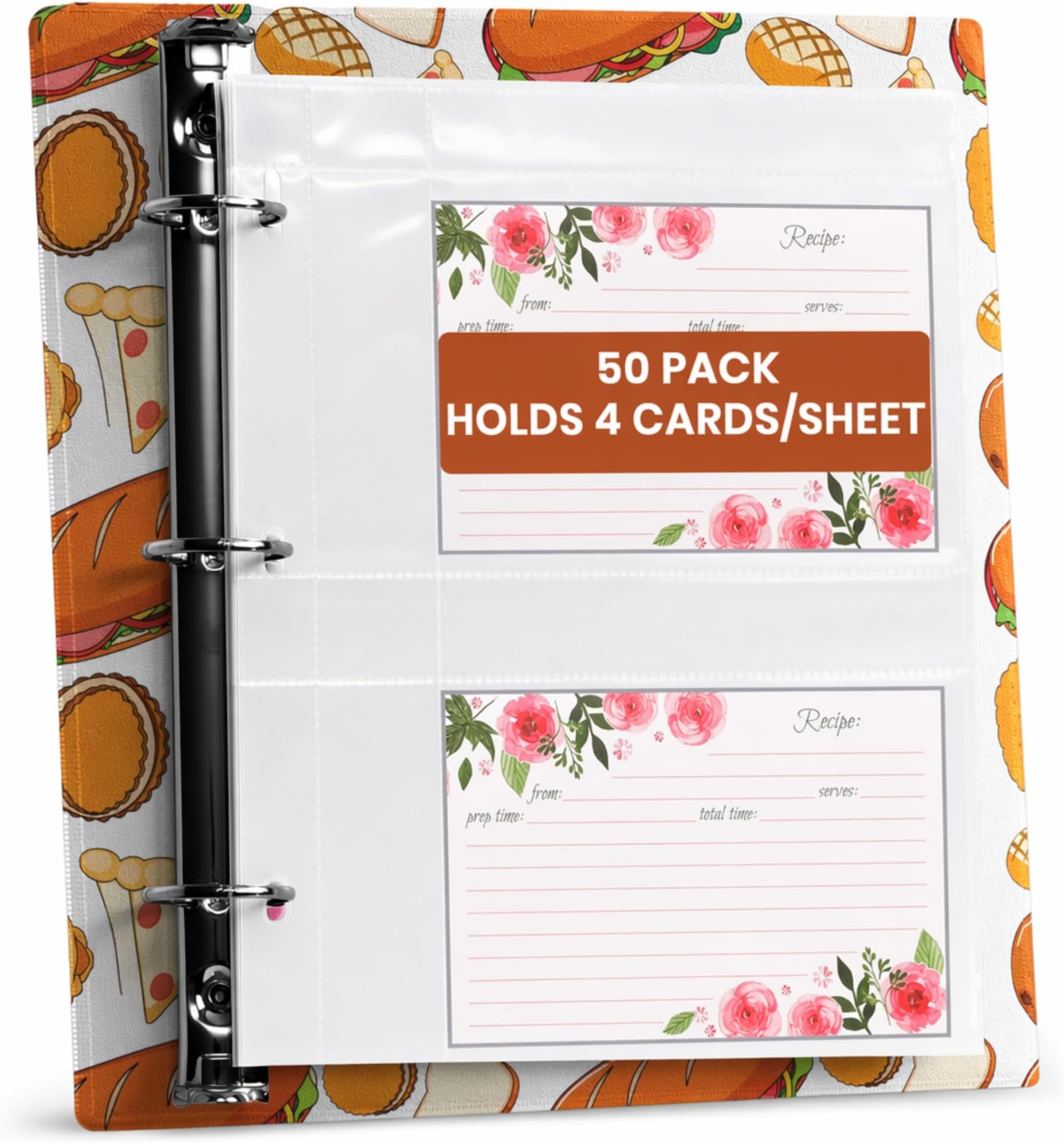 Recipe Card Protectors 4x6 for 3 Ring Binder, 50 Pack (200 Pockets)