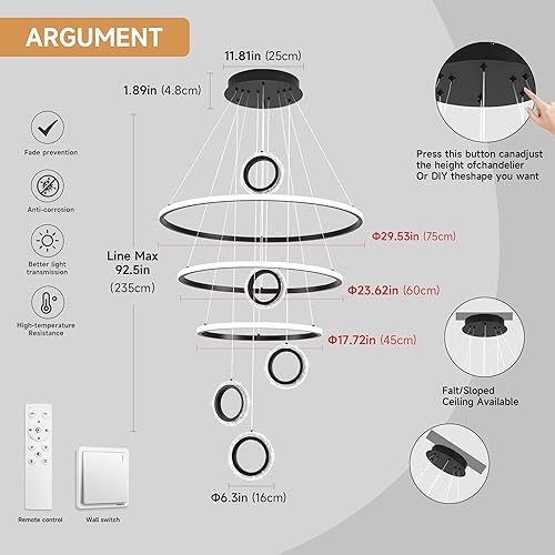 Miniatura 4 de Candelabro LED moderno moderno con control remoto regulable 8 anillos para sala de estar, vestíbulo, escalera, entrada