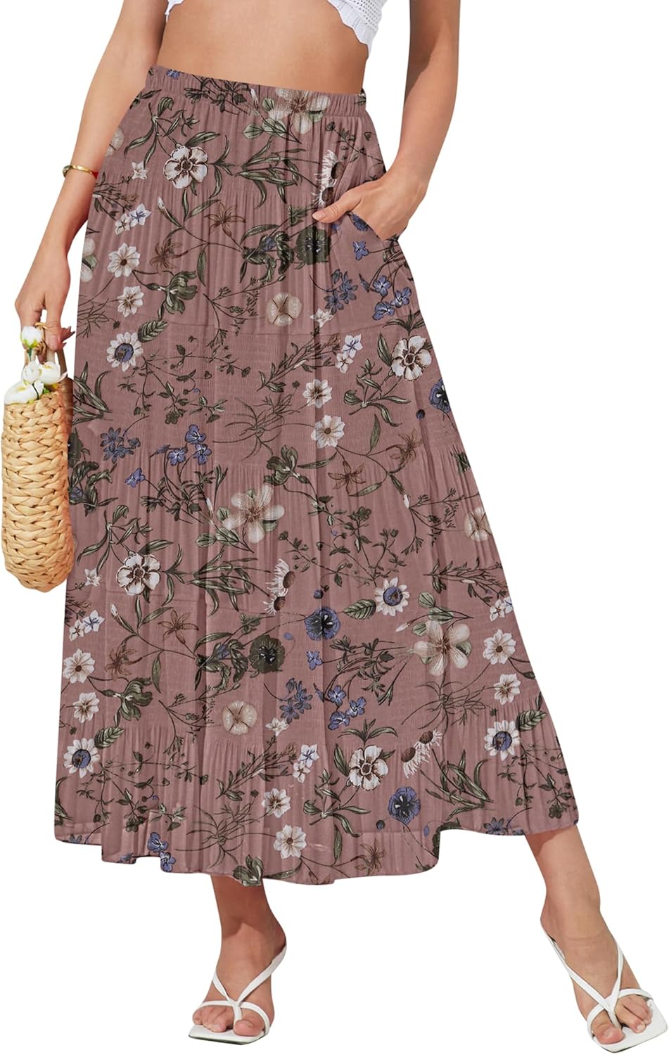 NASHALYLY Women's High Waisted Maxi Skirt,Elastic Chiffon Boho Long Skirt with Pockets