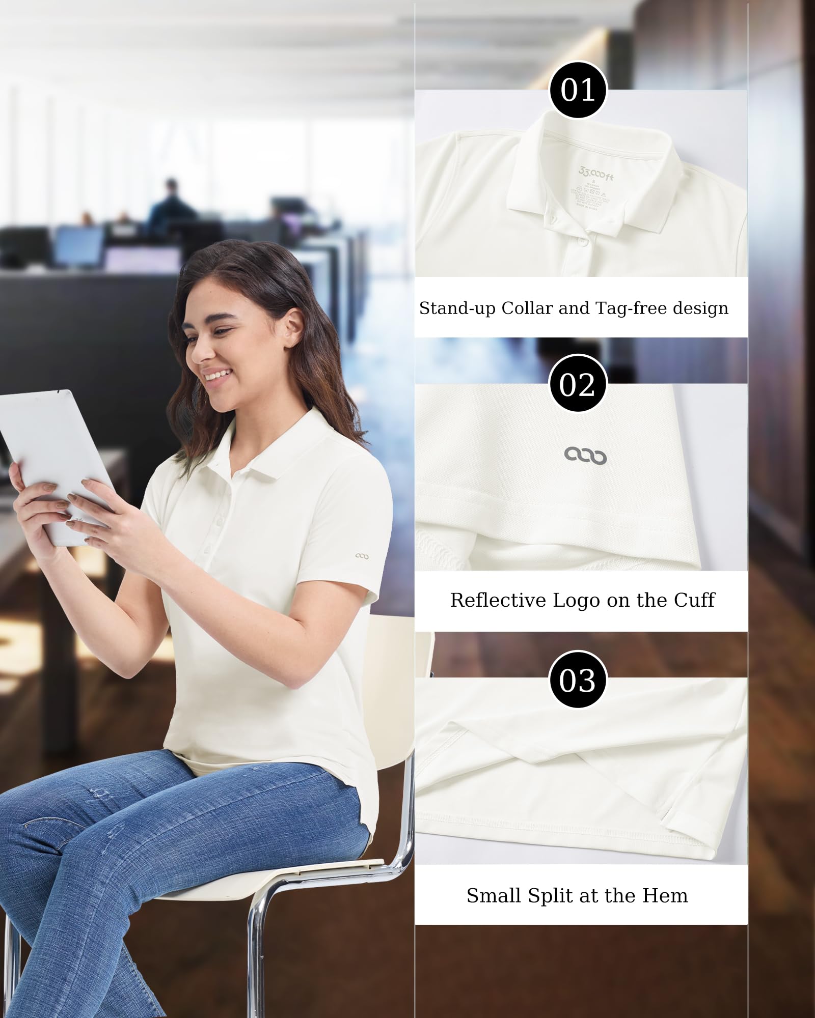 33,000ft Polo de golf pour femme - Protection solaire - Protection UV - T-shirt d'été à manches courtes - Séchage rapide - Performance - Pour l'extérieur - Respirant - Fonctionnel - Pour le golf, le