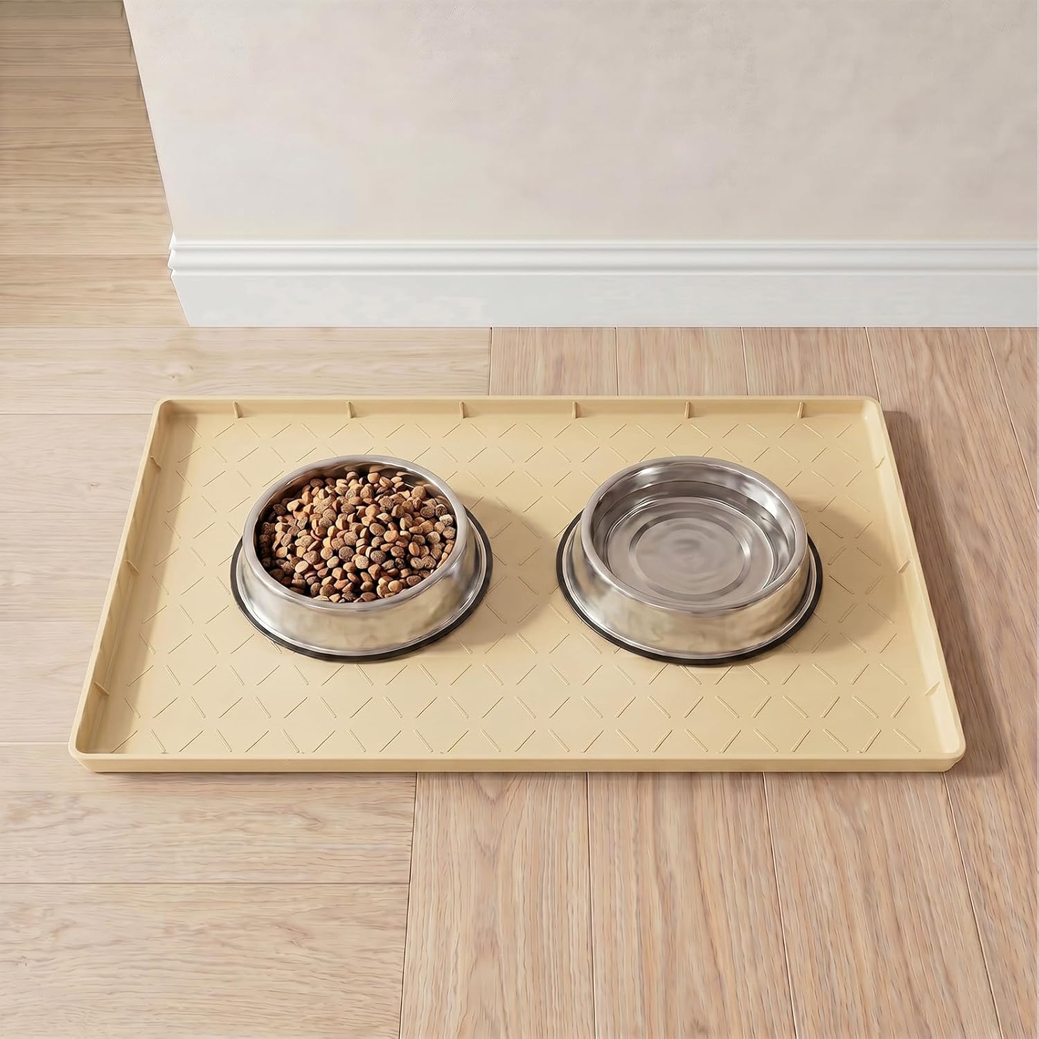 MateeyLife Silicone Mat Waterproof 12"X19", Ideal for Dog and Cat Food Mat, Dog Bowl Mats for Food and Water, Pet Placemat with Lip for Messy Drinkers to Protect Floor, Khaki