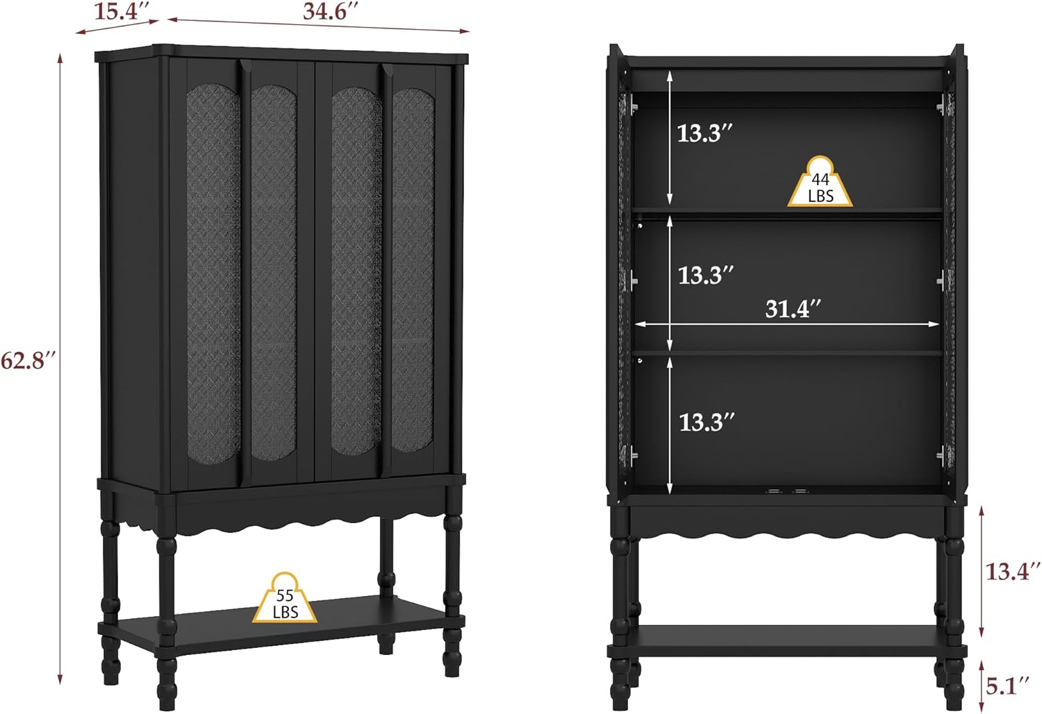 ECACAD 62.8" H Vintage 4-Tier Kitchen Pantry Freestanding Accent Storage Cabinet with Embossed Glass Doors, Solid Wood Legs & Bottom Shelf for Dining Room, Black
