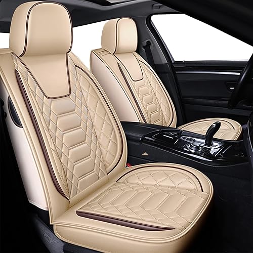 FREESOO Car Seat Covers Front Only 2pcs, Leather Driver Seat Cover Protector Airbag Compatible Universal Fit for Sedan SUV Pick-up Truck Van (Beige 8-2PCS)