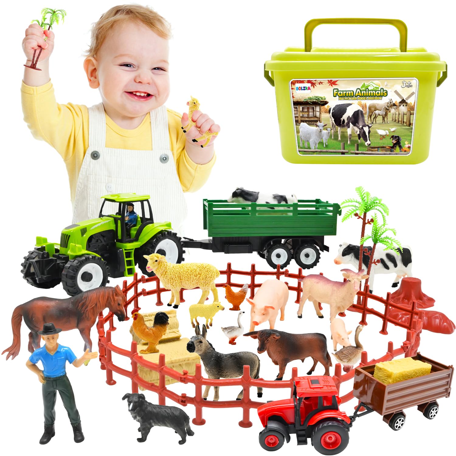 BOLZRA Farm Animal Figures Toy, Realistic Plastic 2 Farm Truck Playset with Trailer, Farmer Fence Storage Box, Christmas Birthday Easter Gift for Kids 3-8