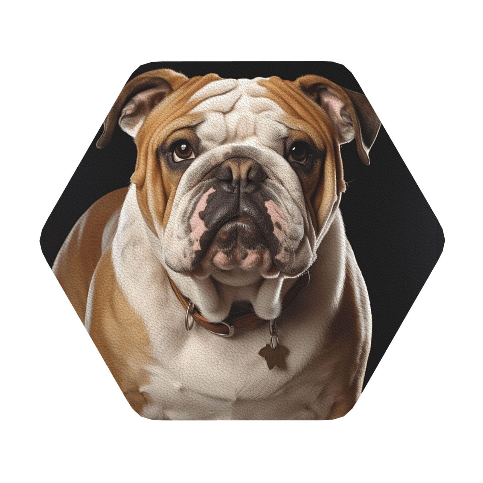 Fodpand Hexagon English-Bulldog Drink Coasters Set Of 4, Heat Resistant Leather Coasters Fuuny Bar Beer Beverage Coaster For Drinks, Absorbent Cup Mat For Tabletop Protection, Housewarming Gift