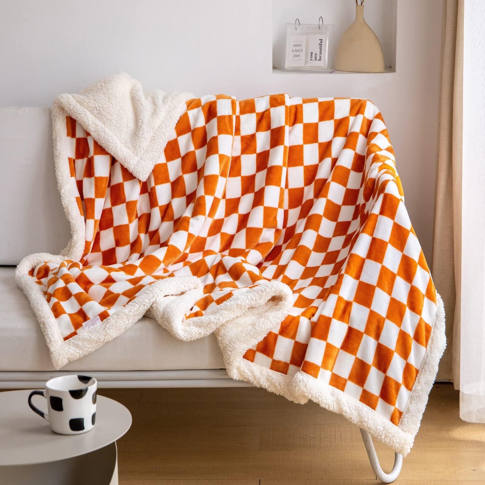 LOMAO Sherpa Throw Blanket Fleece Blanket with Checkered Pattern Soft Thick Blanket for Couch, Bed, Sofa Luxurious Warm and Cozy for All Seasons (Orange, 51"x63")