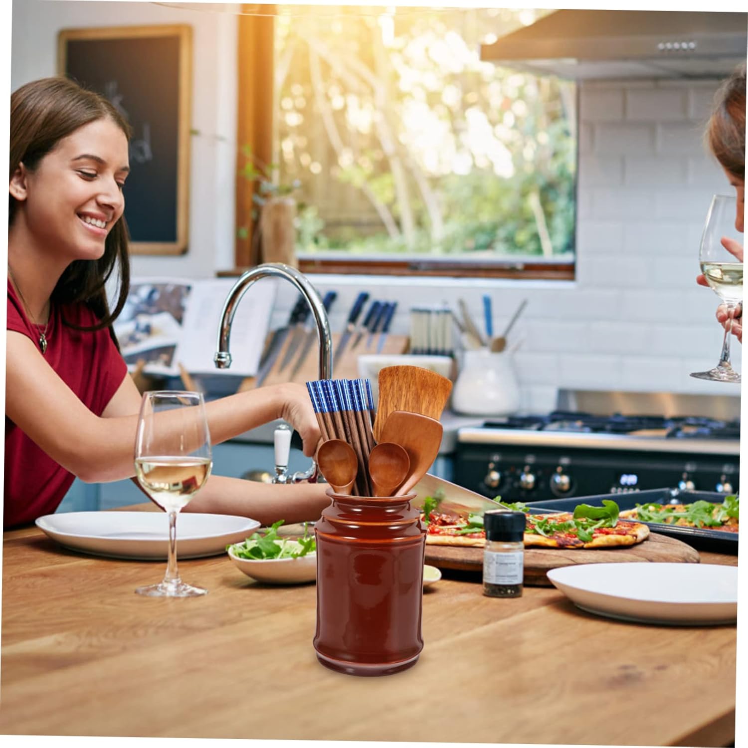 Household Ceramic Utensil Organizer Multi-purpose Spoon Holder for Kitchen Sturdy Chopsticks Storage Canister for Cutlery and Desktop Use Brown Color