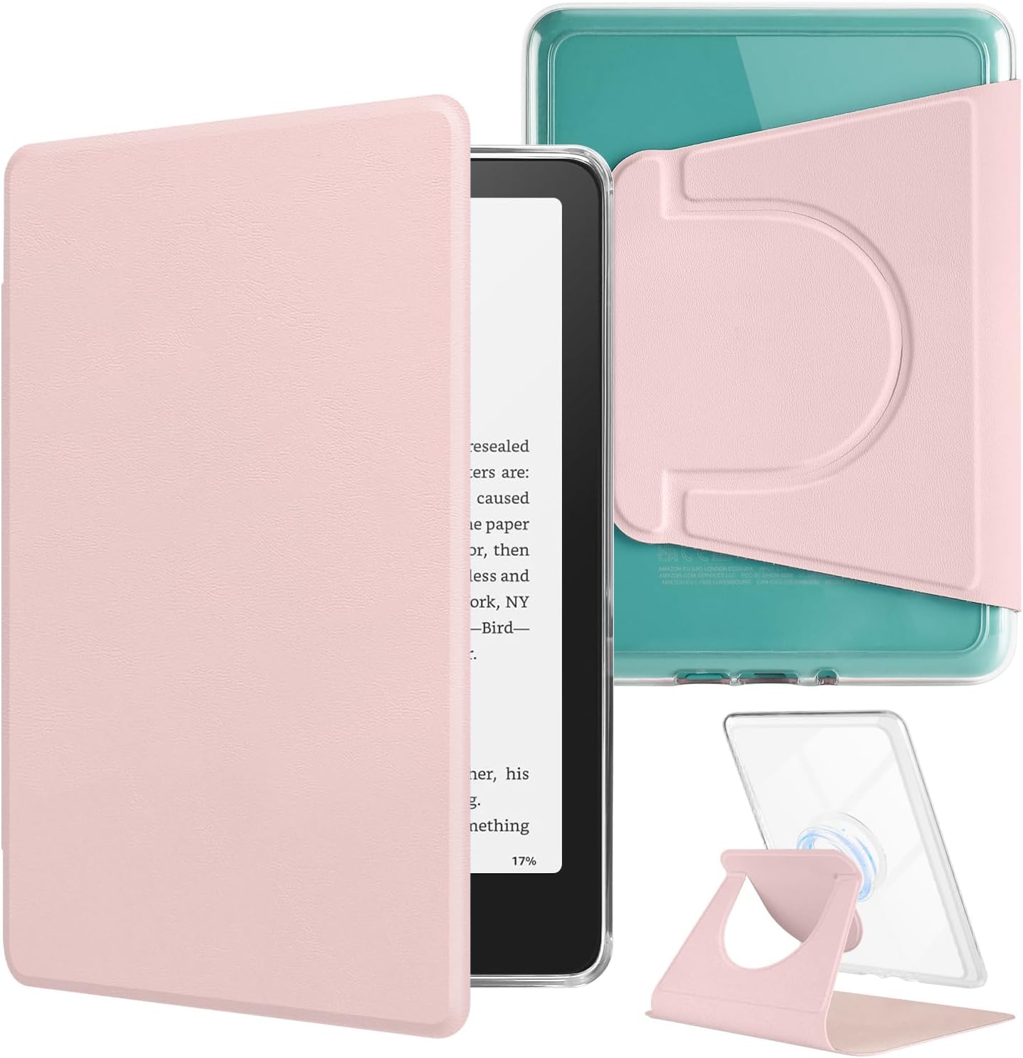 360° Rotating Case for All-New 7" Kindle Paperwhite 12th Gen 2024 & Kindle Colorsoft SE, PU Leather Magnetic Detachable Stand Cover, Clear Hard Back Shell, Auto Sleep/Wake, Sakura Pink