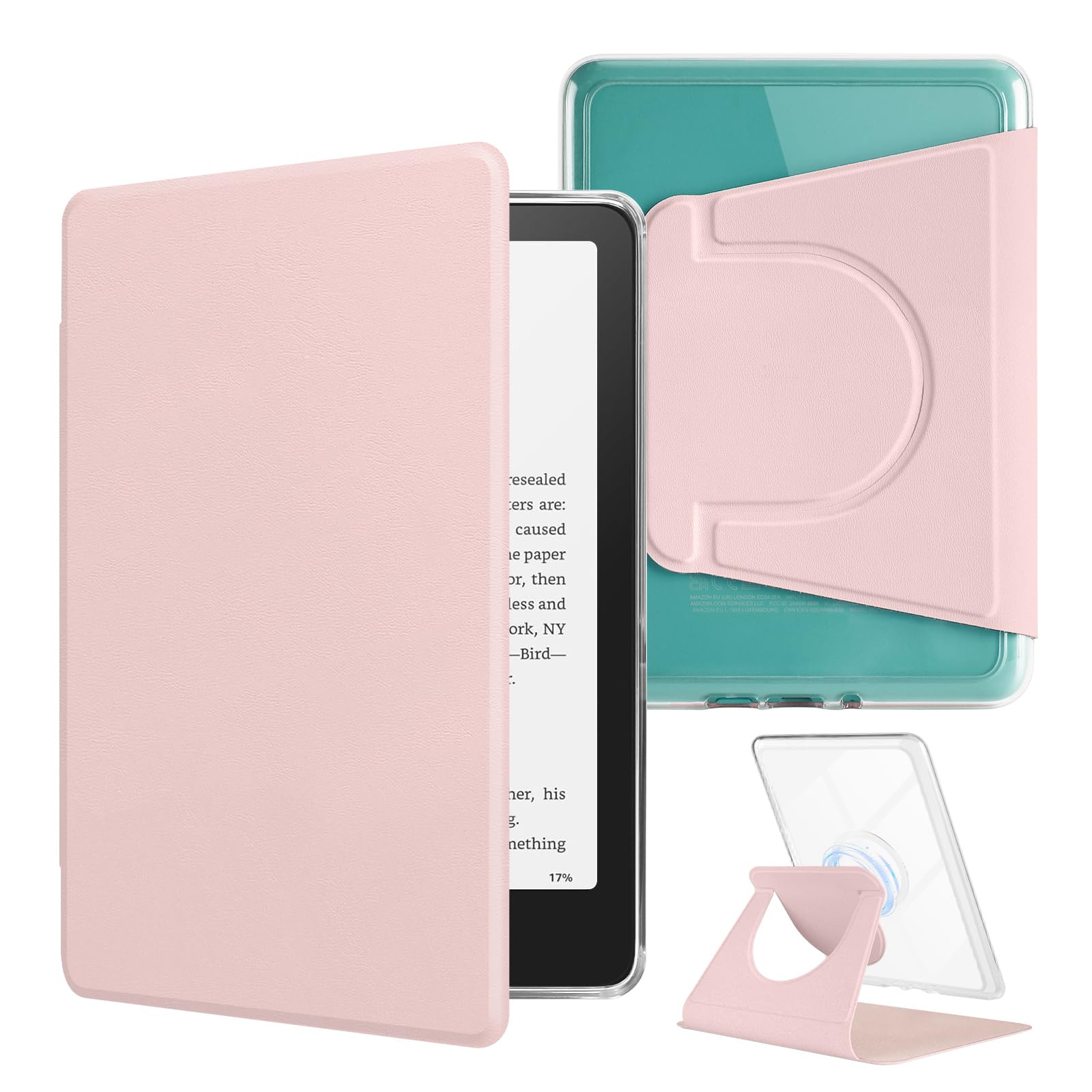 Photo 1 of HOICHOE 360° Rotating Case for All-New 7" Kindle Paperwhite 12th Gen 2024 & Kindle Colorsoft SE, PU Leather Magnetic Detachable Stand Cover, Clear Hard Back Shell, Auto Sleep/Wake, Sakura Pink