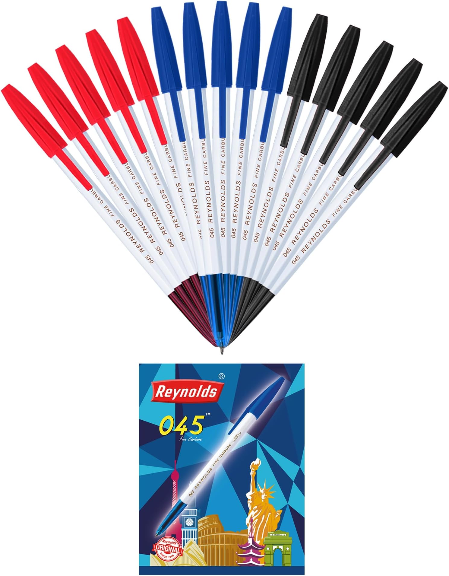Reynolds 045 PACK OF 15 PENS (POUCH) - 5 BLUE. 5 BLACK, 5 RED | Ball Point Pen Set With Comfortable Grip | Pens For Writing | School and Office Stationery | Pens For Students | 0.7mm Tip Size