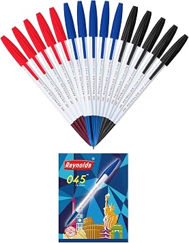Reynolds 045 PACK OF 15 PENS POUCH - 5 BLUE. 5 BLACK, 5 RED | Ball Point Pen Set With Comfortable Grip | Pens For Writing | School and Office Stationery | Pens For Students | 0.7mm Tip Size