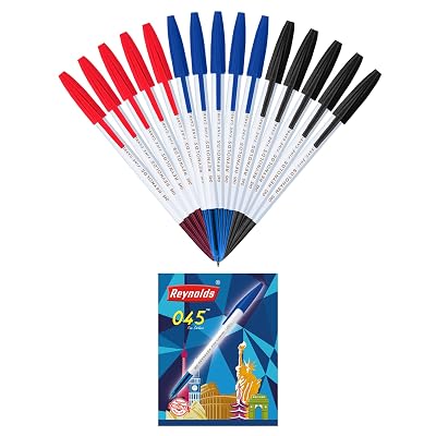 Reynolds 045 PACK OF 15 PENS (POUCH) - 5 BLUE. 5 BLACK, 5 RED | Ball Point Pen Set With Comfortable Grip | Pens For Writ