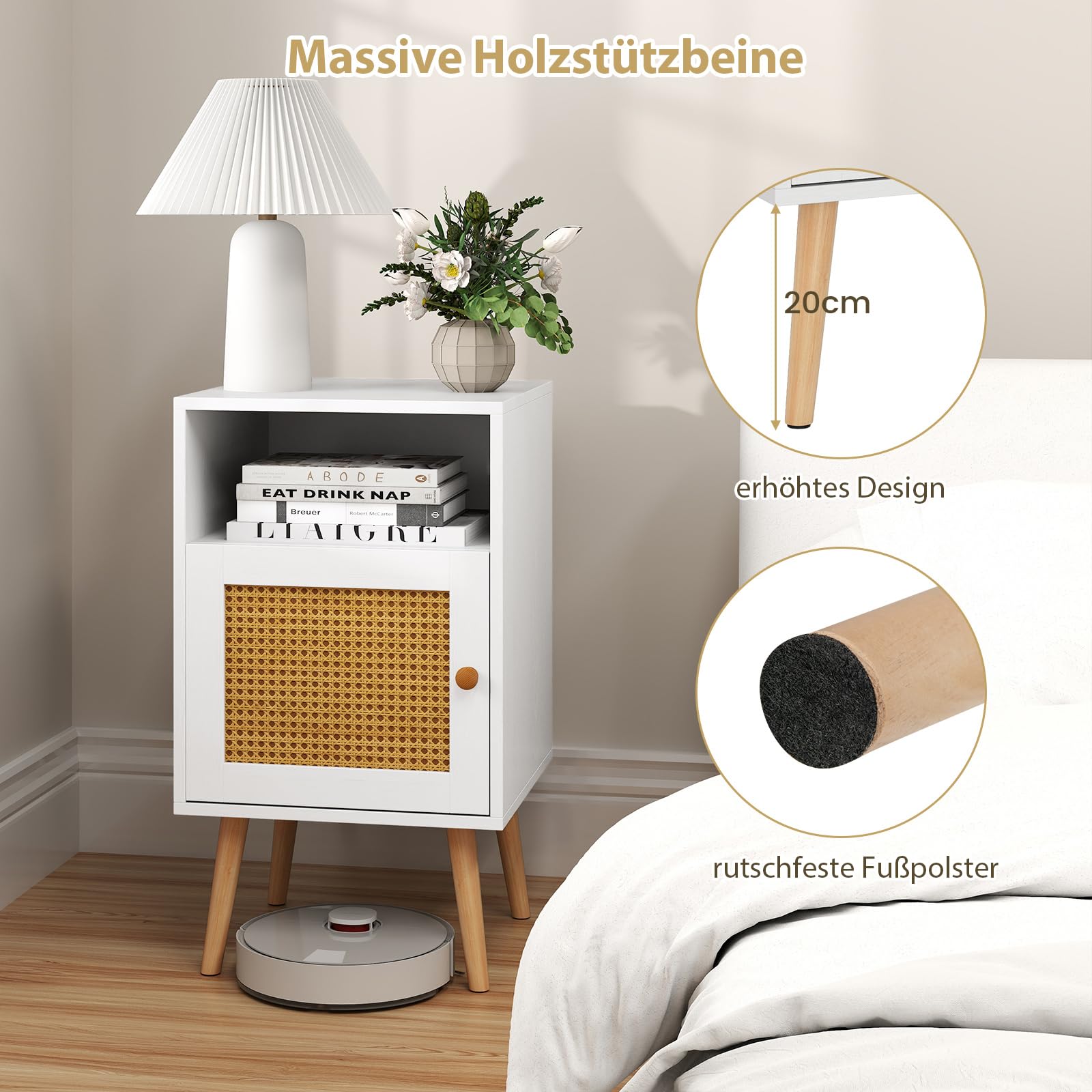COSTWAY Nachttisch Rattan, Nachtschrank Holz, Beistelltisch Mit Offenem Regal & Tür, Sofatisch