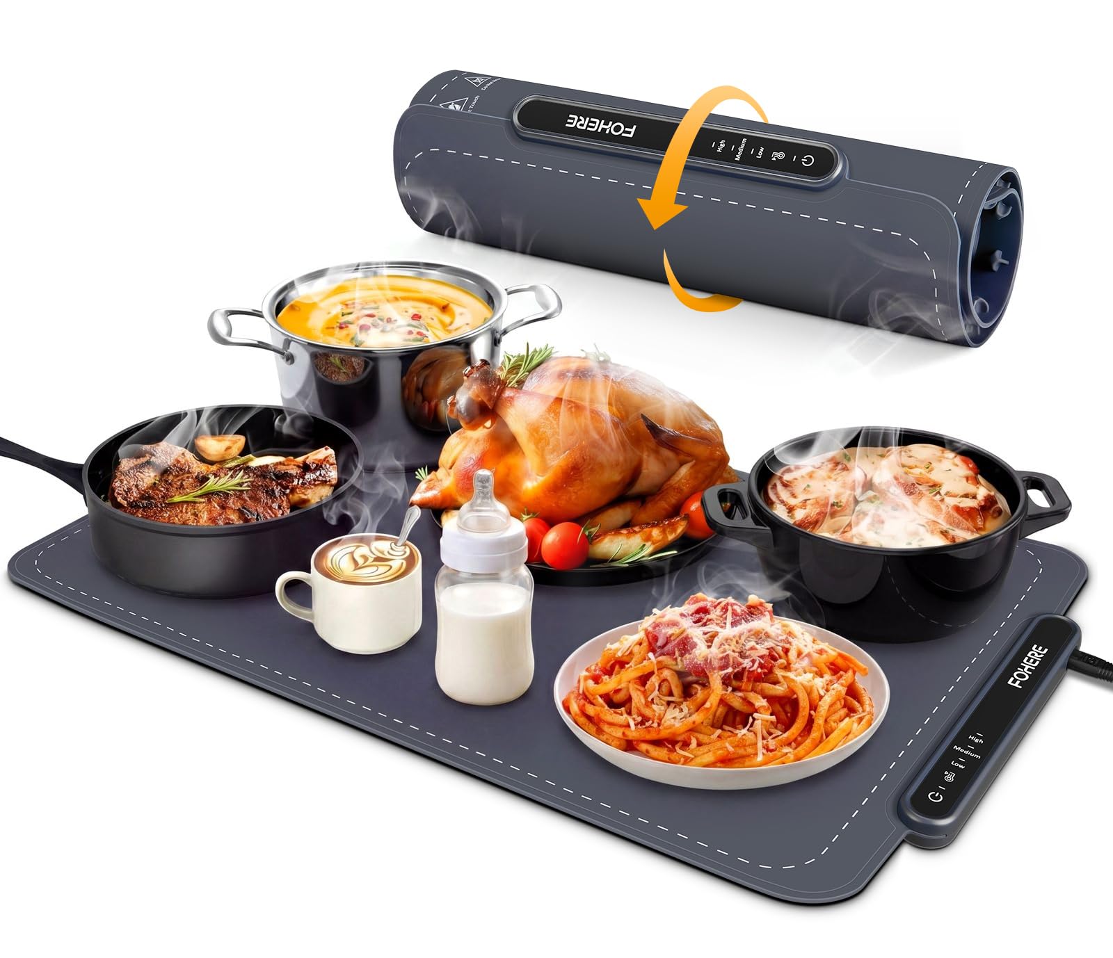 FOHERE Elektrische Warmhalteplatte aus Silikon – 60x38cm Rollbare Warmhaltematte für Speisen mit 3 Temperaturstufen – Tragbarer Speisenwärmer mit Timer & Kindersicherung für Buffet, Party & Küche