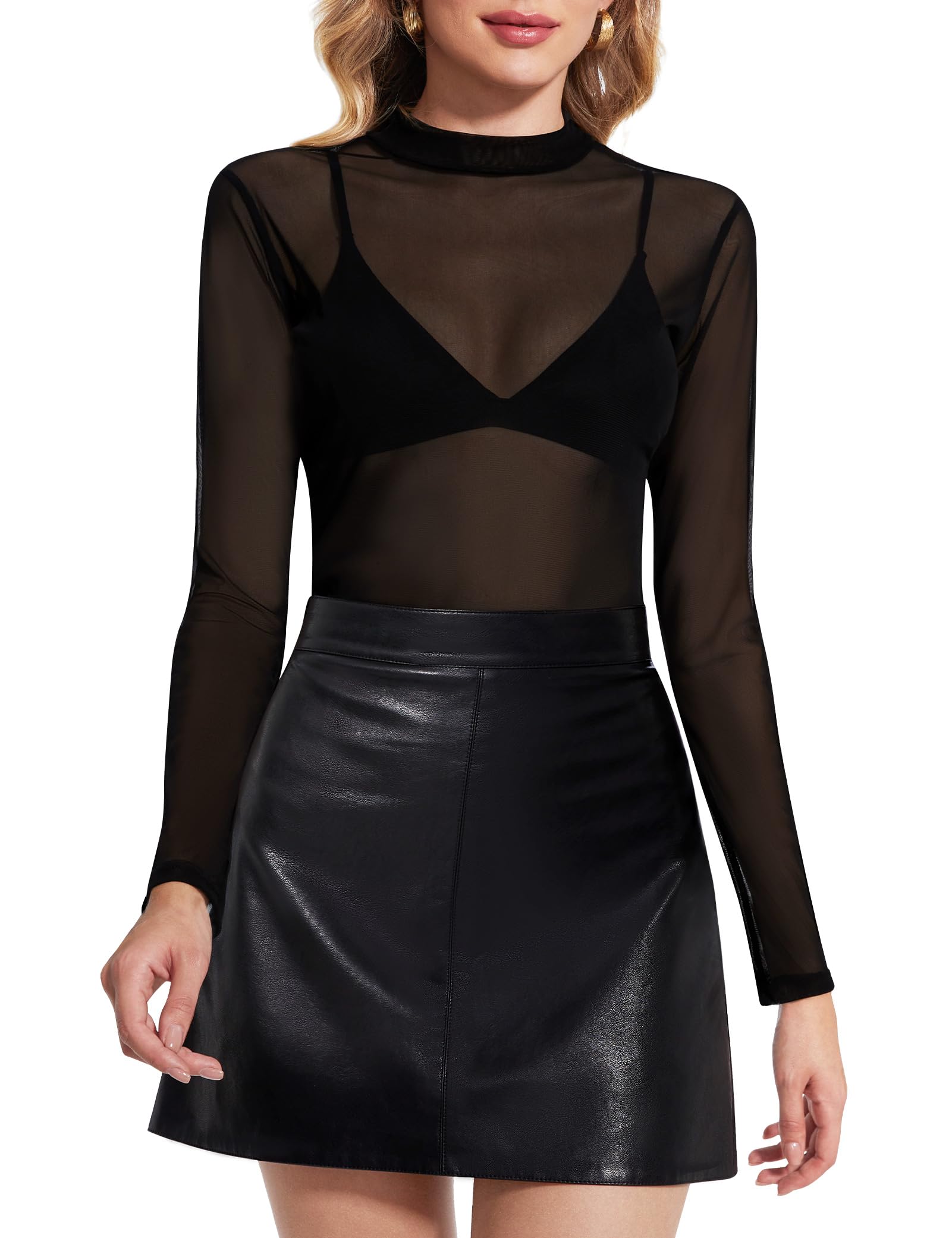 Kiiwah Damen Mesh Oberteile Transparentes Netzoberteil Sexy Schwarz Mesh T-Shirt Durchsichtig Langarmshirt Mesh Bluse Tops Club Netz Oberteile Bluse Tunika Clubwear Party
