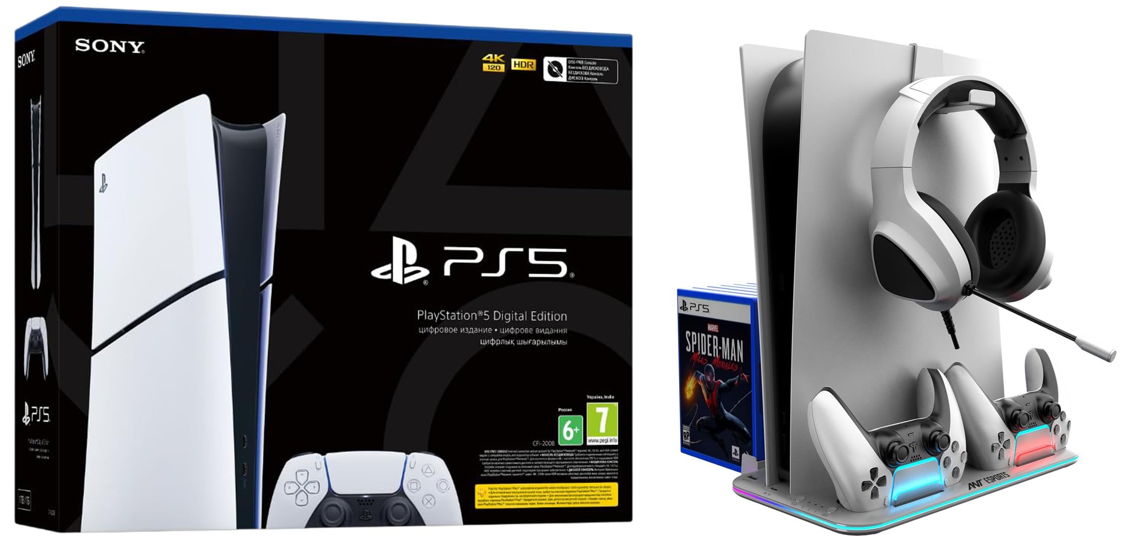 Sony PlayStation®5 Digital Edition (slim) Console Video Game & Ant Esports Dock5 RGB with Cooling Fan and Dual Controller Charger Station, PS5 Console Disc & Digital Edition