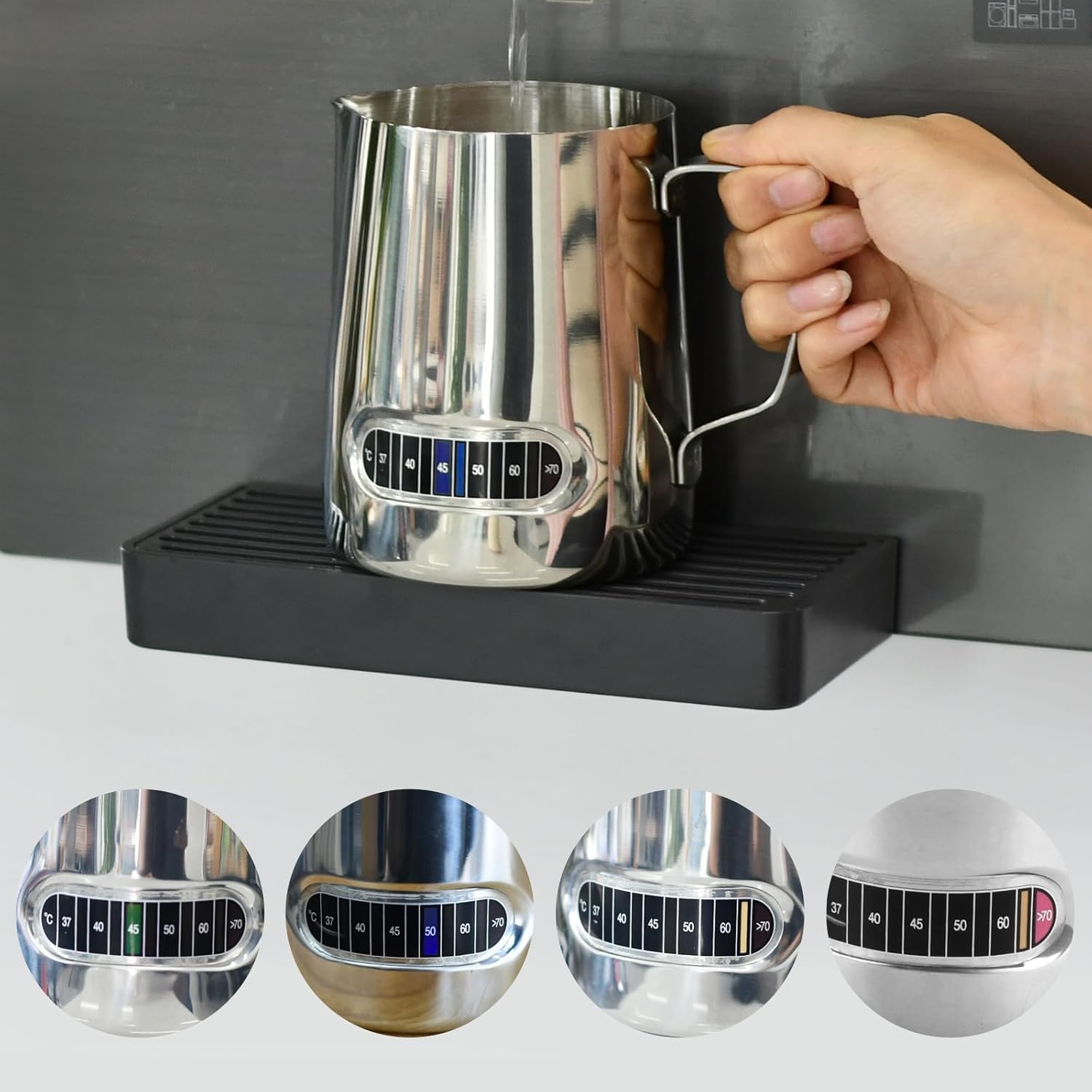 2 jarras de acero inoxidable para espumar leche con termómetro integrado, herramientas barista, espumador de leche de café con control de temperatura para una espuma perfecta, accesorios de cafetería