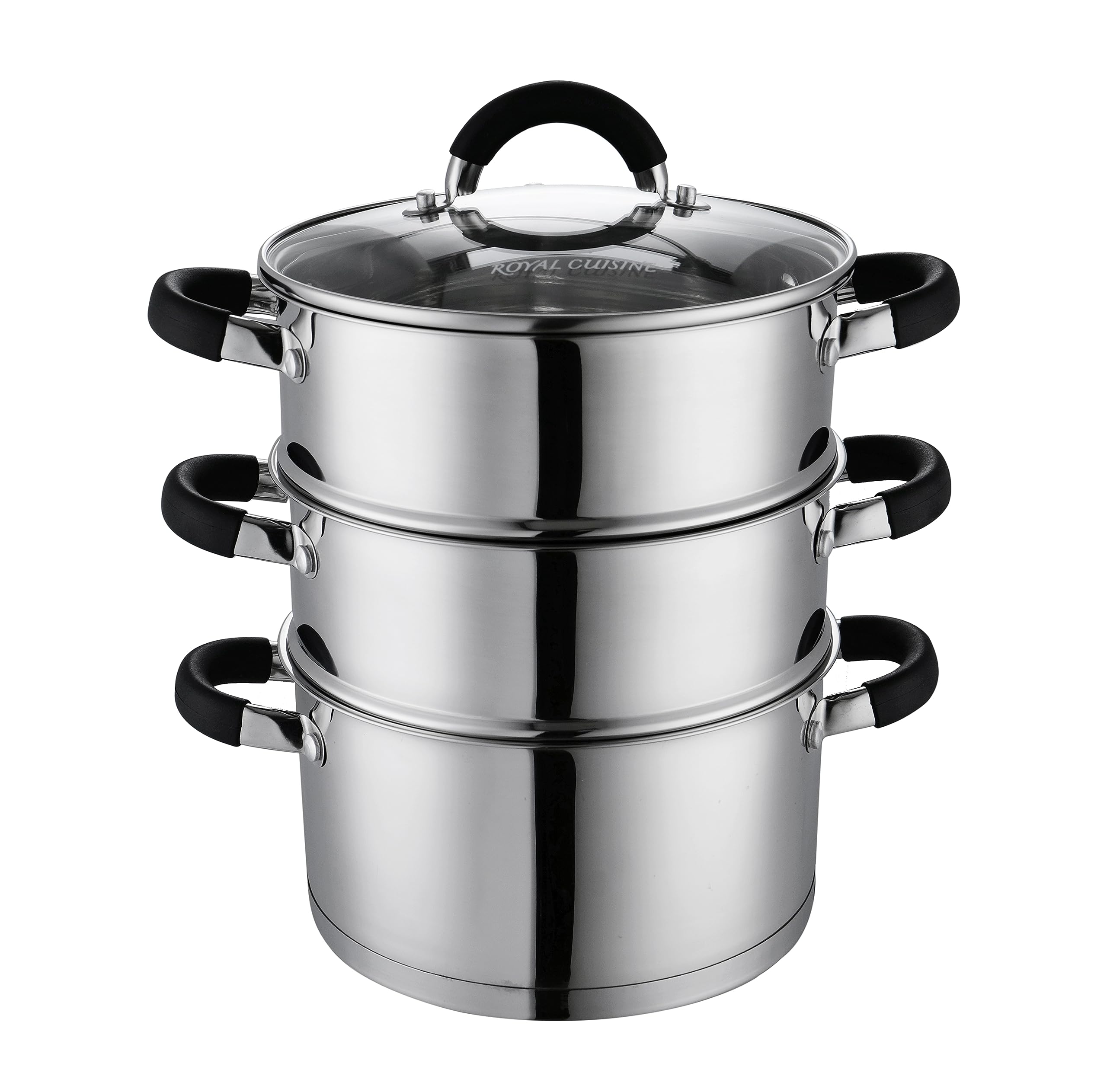 Royal Cuisine 3 Tier Stainless Steel Steamer Cooking Pot 22cm Multi Layer Pan with Glass Lid Stackable Veg Steamer Food for Vegetables Induction Cookware with Silicone Handles