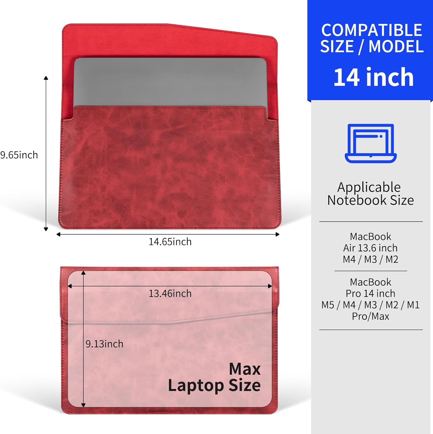 14 Inch Leather Laptop Sleeve for MacBook Pro 14 Inch M5 M4 M3 M2 M1 Pro/Max Case,Premium Protective Case Cover with Magnetic Closure-Vintage Red