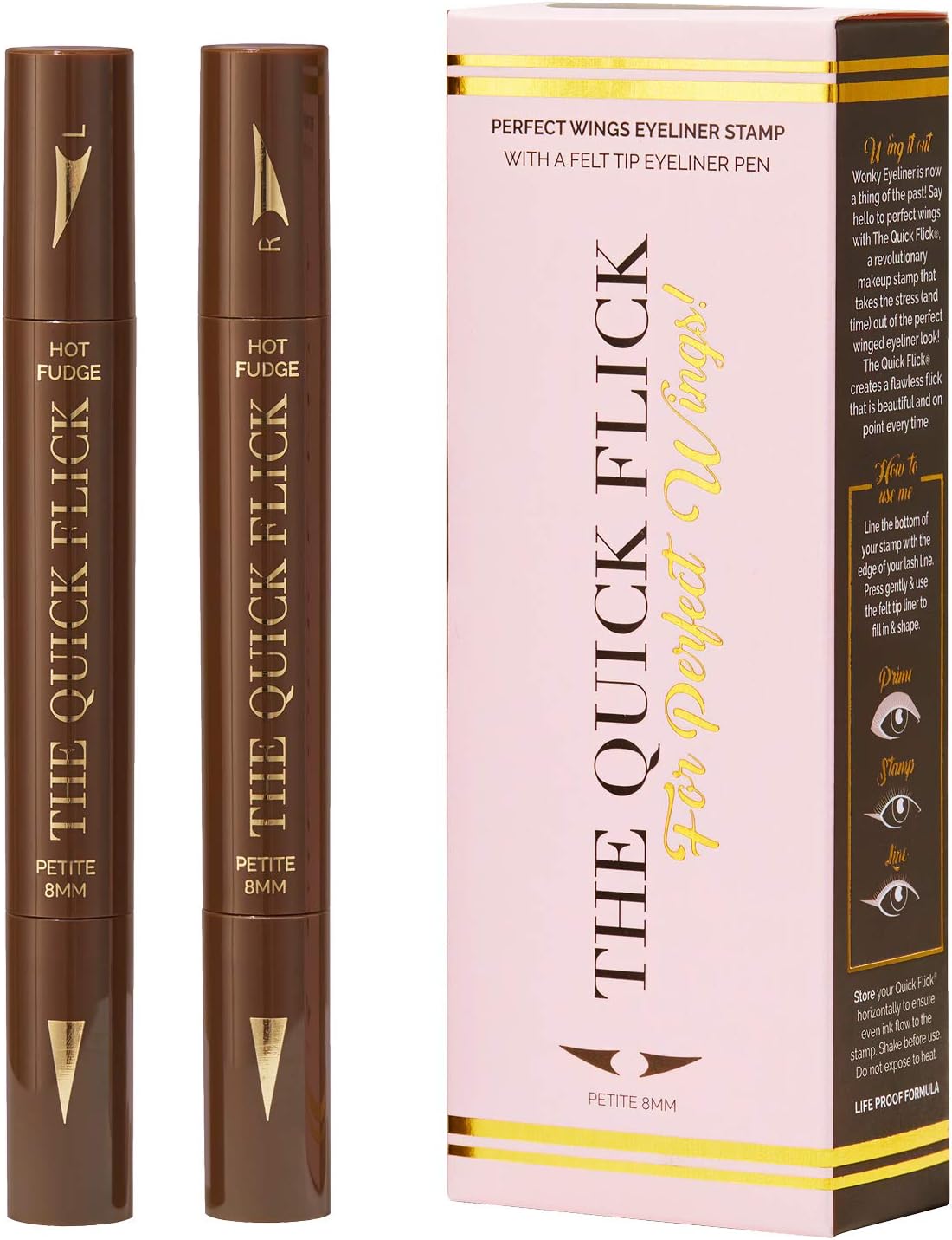 The Quick Flick - Brown Eyeliner Stamp Waterproof Eyeliner, Smudgeproof, Liquid Eyeliner Pen, Winged Eyeliner Stamp, Includes 2 Pens, Australian Makeup, As Seen on Shark Tank in Hot Fudge 12mm Wing
