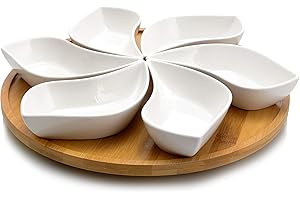 Elama 7-Piece Ceramic Breakfast Plate Set with Wavy Rim and Bamboo Base