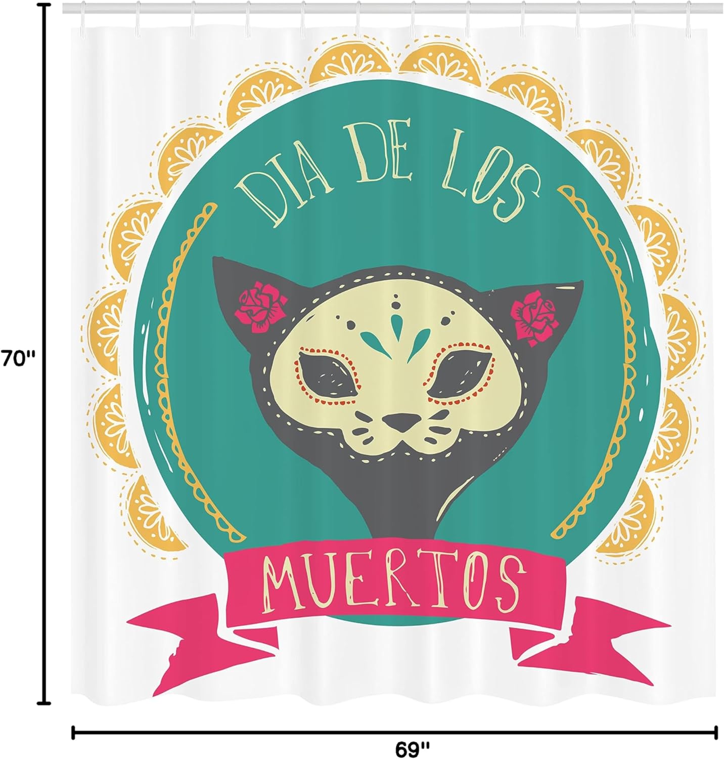 Ambesonne Mexican Shower Curtain, Day of The Dead Themed Sugar Cat Skull in Yellow Circle Frame Spanish Words, Cloth Fabric Bathroom Decor Set with Hooks, 69" W x 70" L, Teal Pink