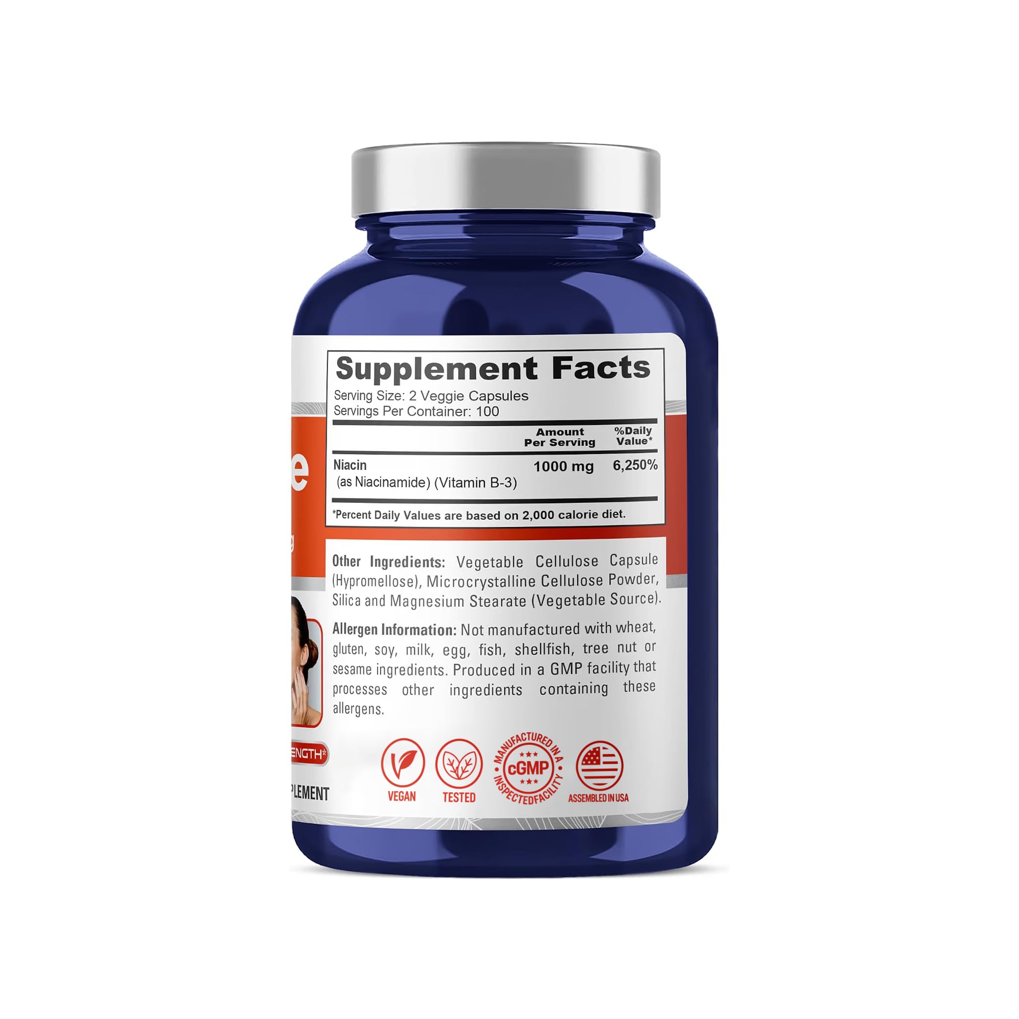 Niacinamide Vitamin B-3, Flush Free, Vegan, 1000mg, 200 Caps - 100 Servings — Amazon image 2