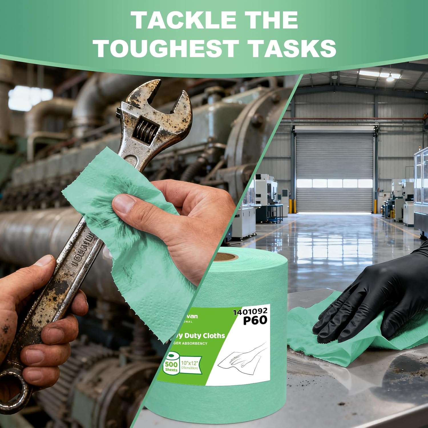 Cleanroom Wipes Heavy Duty Cloths, Lint-Free and Extra Absorbent Towels Jumbo Roll, Green (12"x10", 500 PCS)