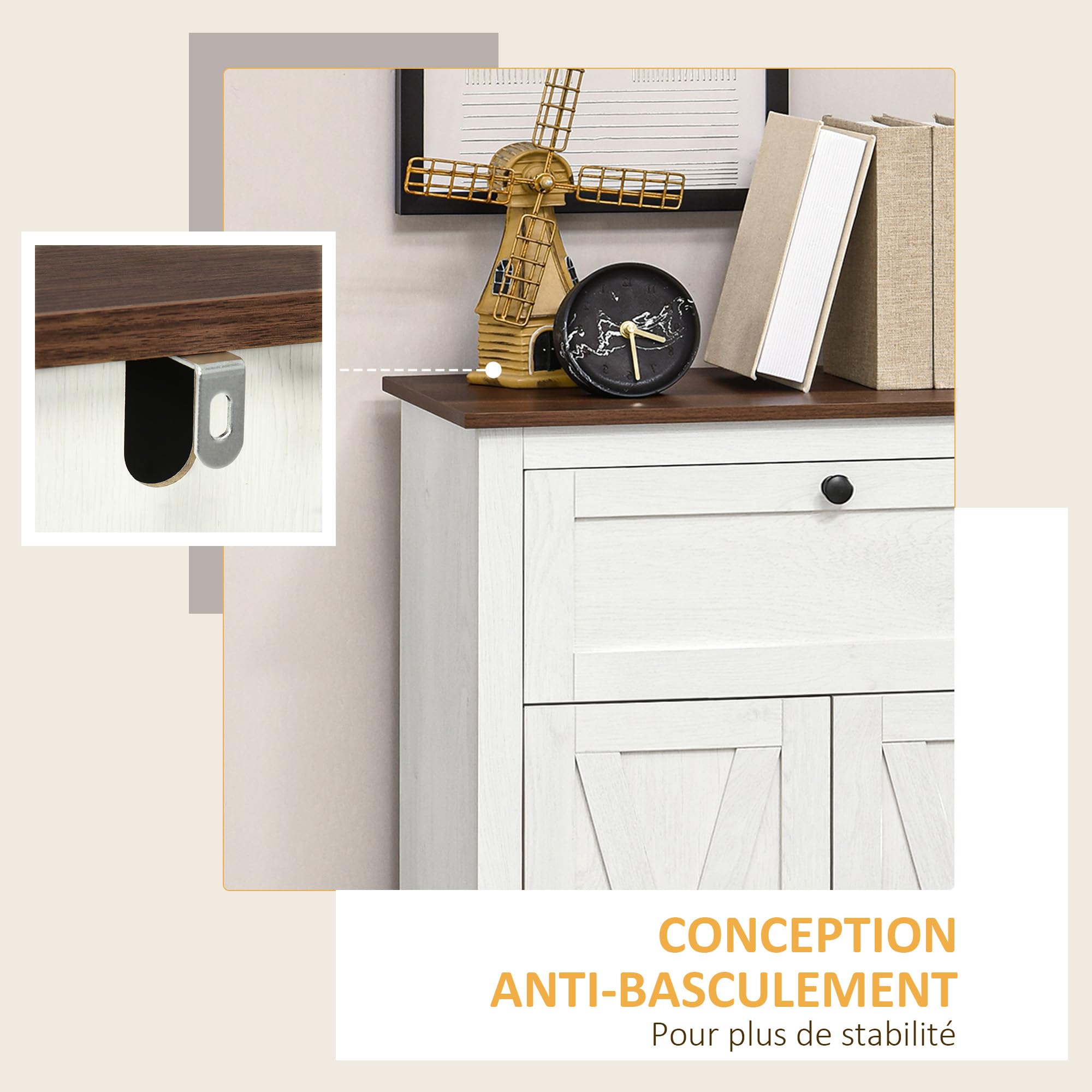 HOMCOM Buffet de Cuisine Multi-rangements 2 Portes avec étagère réglable, 1 tiroir, Design Campagne, pour Salon, Chambre et Cuisine, 60 x 30 x 87,5 cm, Blanc