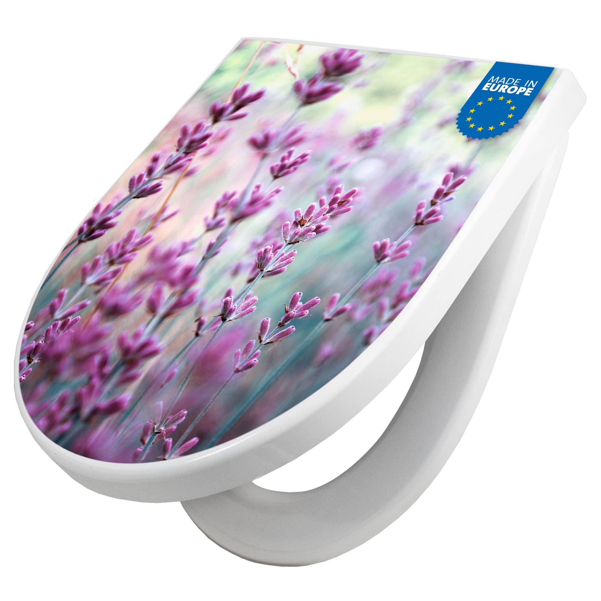 banjado WC Sitz mit Absenkautomatik D Form - Toilettendeckel mit Absenkautomatik D Form - Klodeckel Softclose - stabile Klobrille - Toilettensitz Weiß - Motiv Lavendel 2