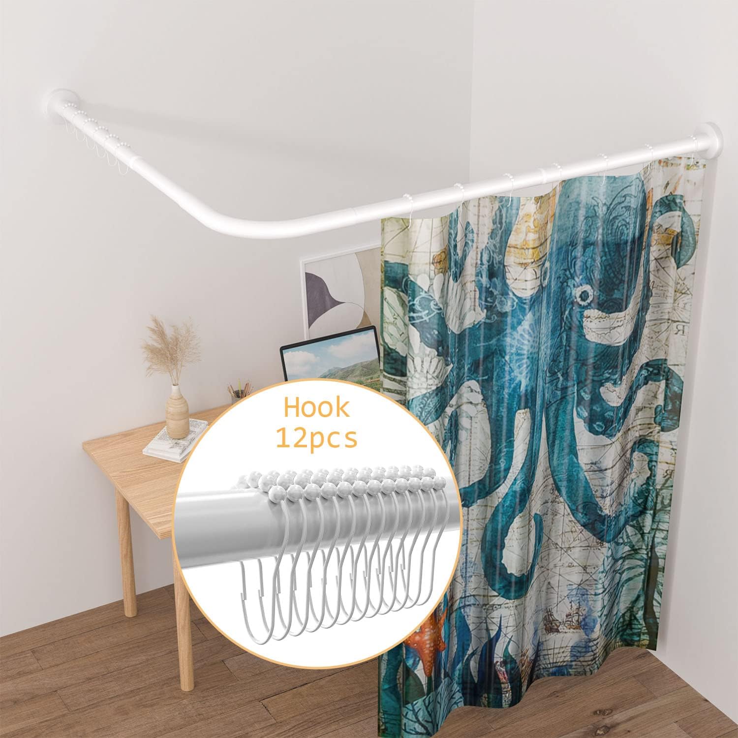 Stretchable 304 Stainless L Shaped Bathroom Bathtub Corner Shower Curtain Rod Rack (Large Size: White 27.55"-39.37" x 47.24"- 65"/70-100x120-165CM)