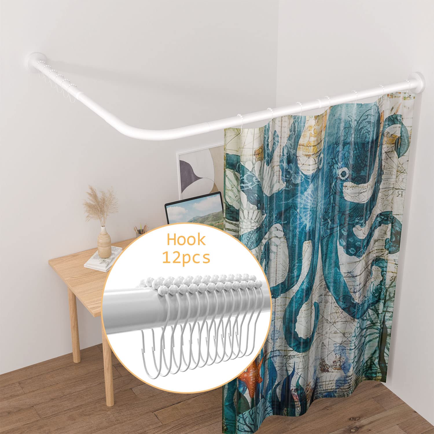 Dehnbare 304 Edelstahl L-förmige Badezimmer-Eck-Duschvorhangstange (große Größe: Weiß 70-100 x 120-165 cm)