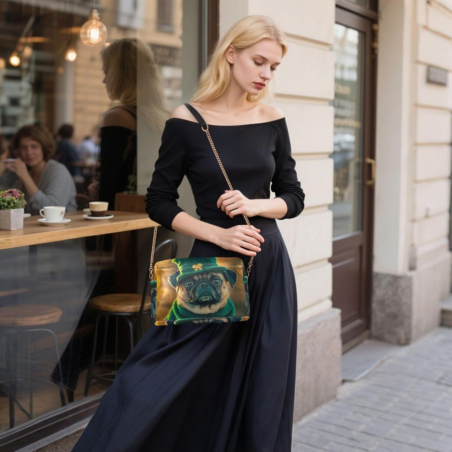 Saint Patrick’s Day Pug Women's PU Leather Crossbody Bag Shoulder Handbag Cellphone Purse with Metal Chain Strap Water Resistant Zipper Closure