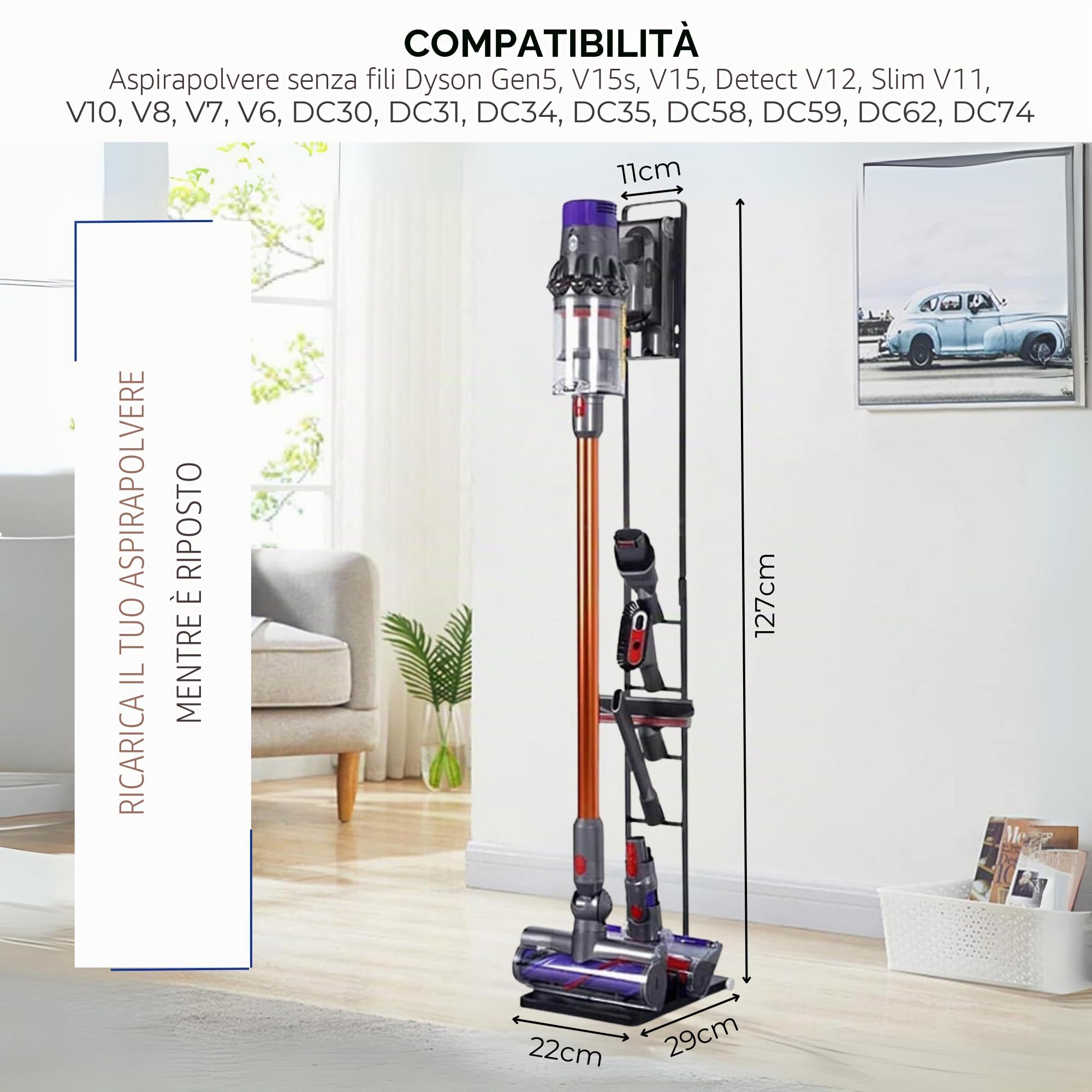 MAGIC SELECT Supporto per Aspirapolvere Compatibile con Dyson V15 V12 V11 V10 V8 V7 V6 - DC45/ DC35/ DC58/ DC59/ DC62/ DC74- Organizzatore da Pavimento con Ruote senza Forare il Muro.